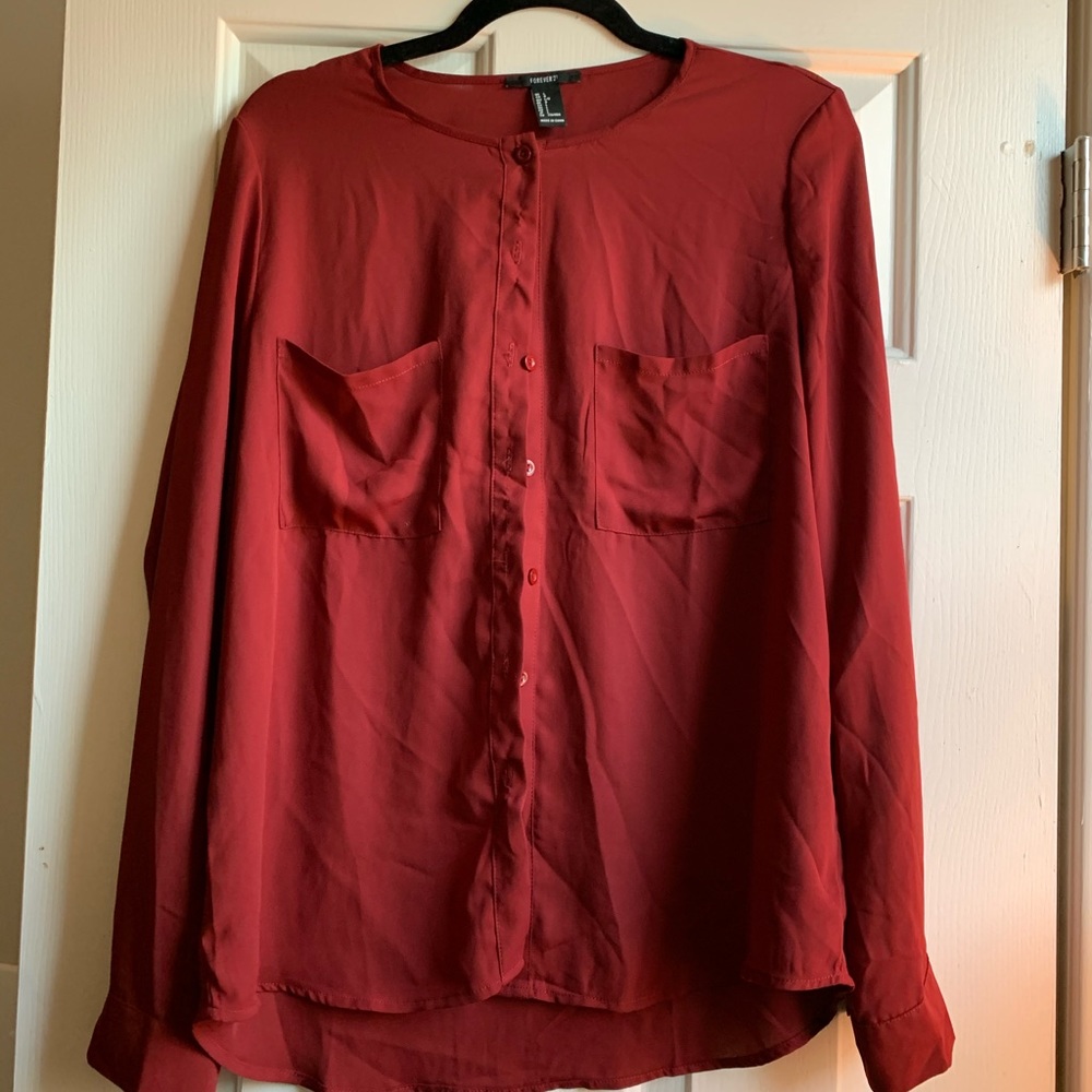 Sheer burnt red longe sleeve blouse button up